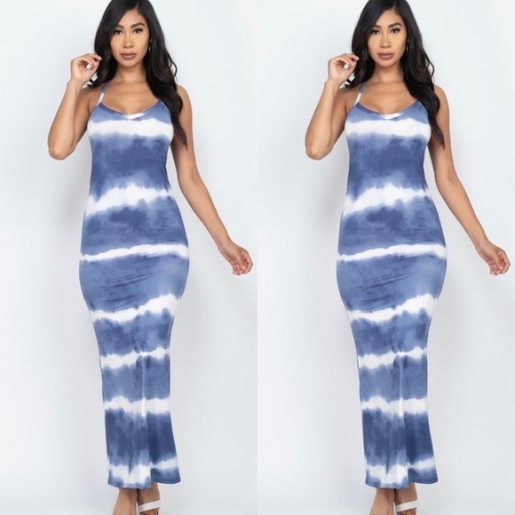 NEW ARRIVAL WOMEN MUSTARD YELLOW STRIPE TIE DYE RACERBACK TANK TOP MAXI DRESS - Picture 8 of 9